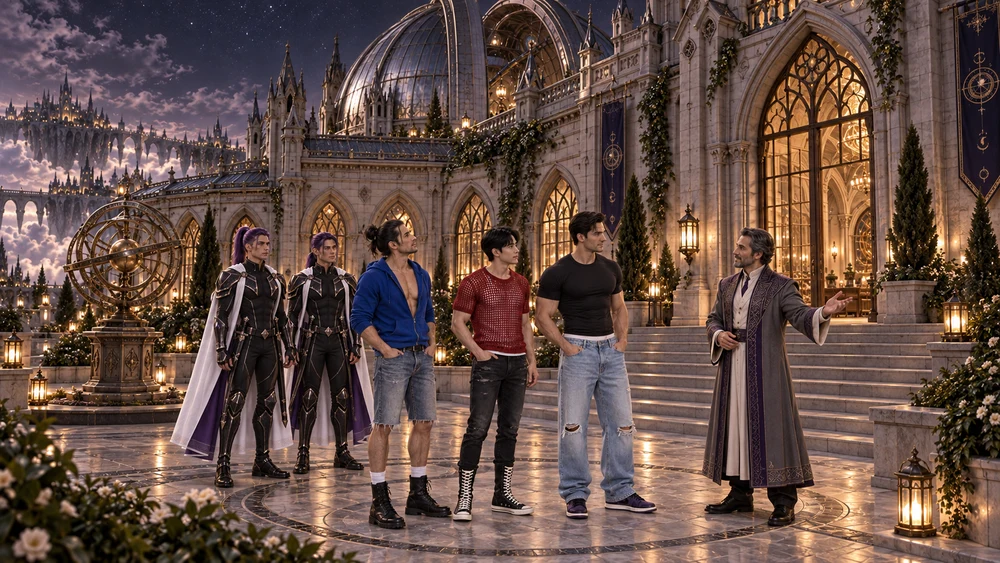 An astronomer welcomes Sten, Han and Søren beside the observatory’s illuminated entrance. Vaedryn and Vaereth stand behind them as the curved steps lead into the building.