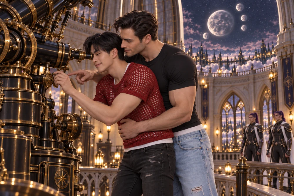 Han leans into the eyepiece as Sten holds him close from behind, murmuring where to look. A small smile interrupts Han’s concentration while Sten guides him through the five moons above Selvaris.