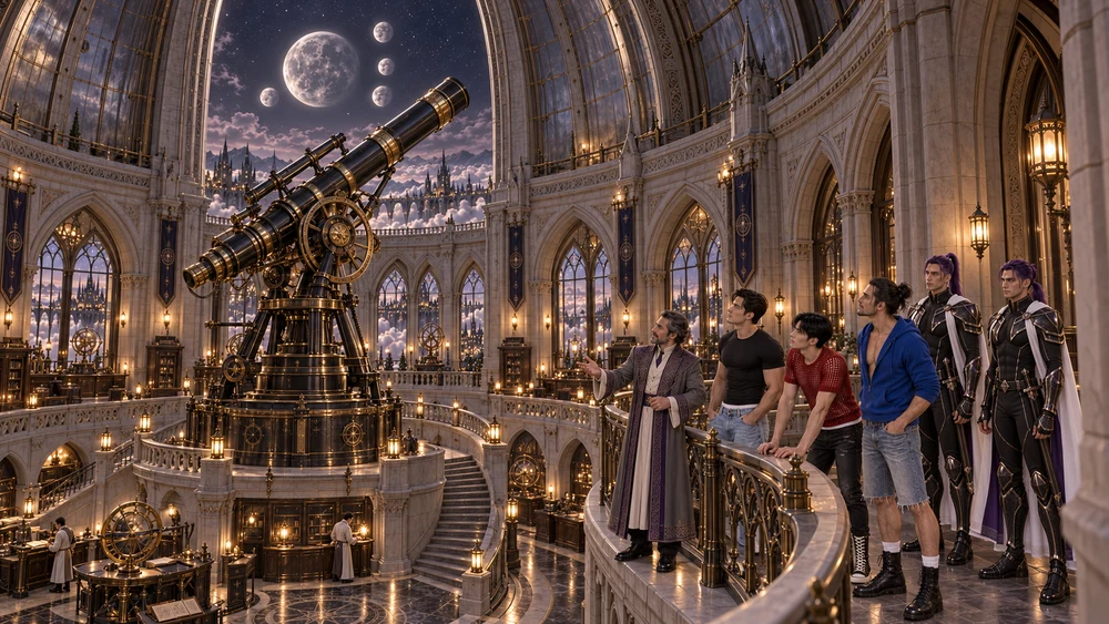 The great telescope rises through tiers of pale stone beneath the open dome. One great moon and four smaller companions fill the aperture above Selvaris. From the curved gallery, Sten, Han and Søren listen to their host while Vaedryn and Vaereth stand close behind.