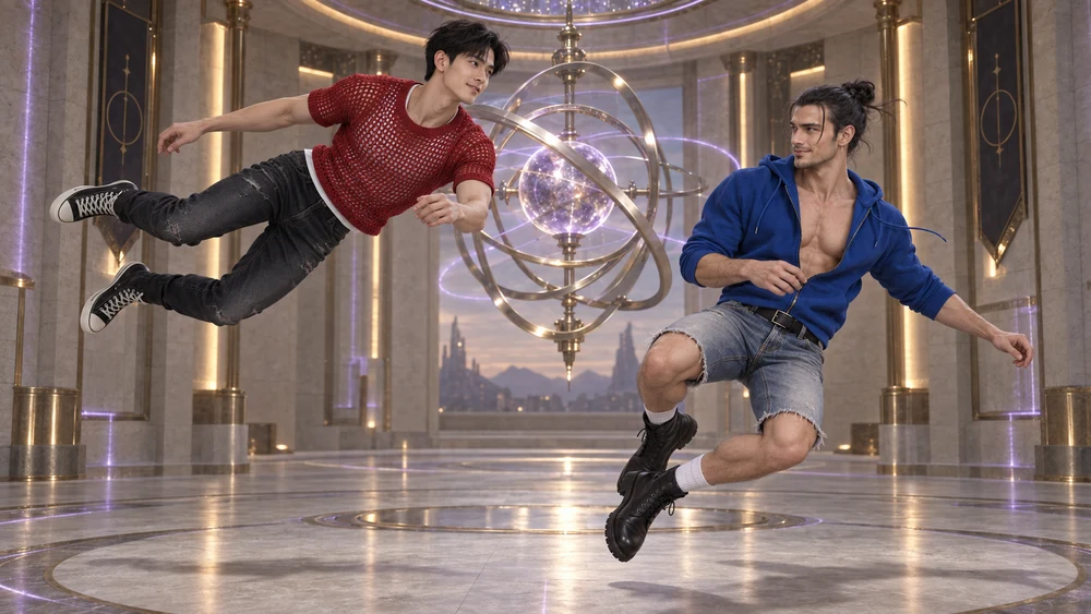 Han and Søren drift at different angles around the chamber’s gyroscope, sharing the delight of weightlessness.