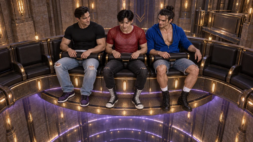 Together on the suspended circular bench, the three share a moment of anticipation above the illuminated well.