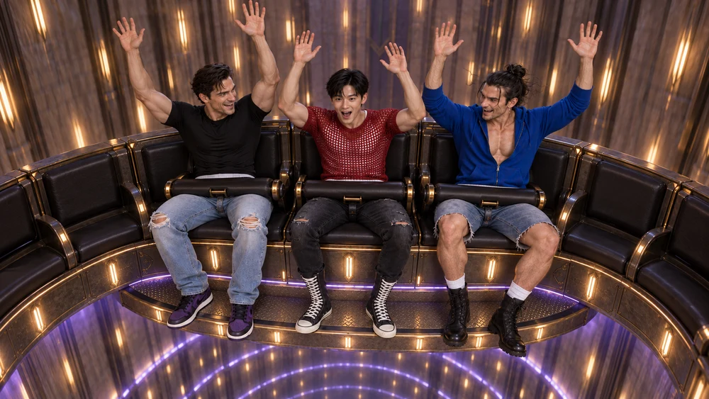 The ring plunges through bands of light as Sten, Han and Søren raise their hands in shared surprise and laughter.