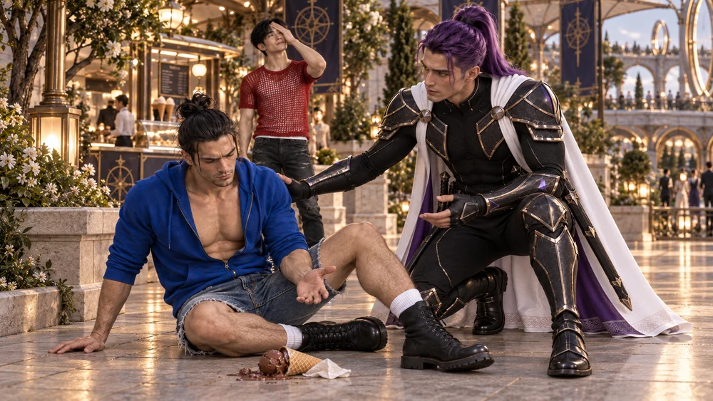 Vaedryn rushes to help Søren after his fall. Han already knows how long they will hear about the lost chocolate ice cream.