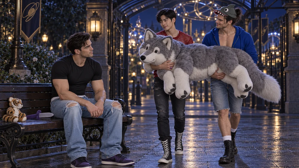 Sten waits by the exit, quietly feeling forgotten, until Han and Søren arrive with a giant stuffed wolf between them.