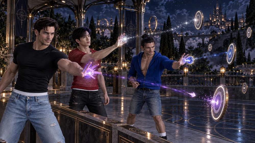 Under Caelvar’s moonlight, Sten, Han and Søren test their own magic against drifting targets.
