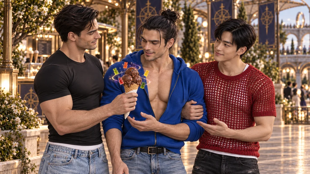 Sten surprises Søren with a larger chocolate cone and orbiting gummy bears, while Han fondly teases their spoiled beta.