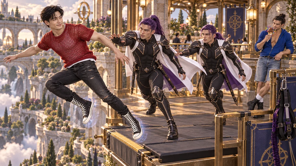 The twins rush to catch Han as he leaps before being fitted with a harness. Søren keeps eating: he remembers that Han can levitate.