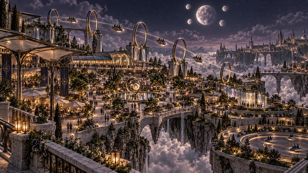 Suspended rides trace bright paths above the gardens, shaded terraces and mineral foundations of Selvaris.