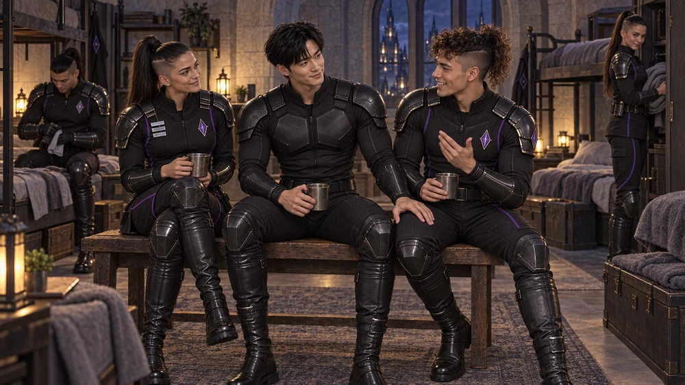 Seated among his squadmates, Han shares a drink and listens as the trials become stories told with easy laughter.