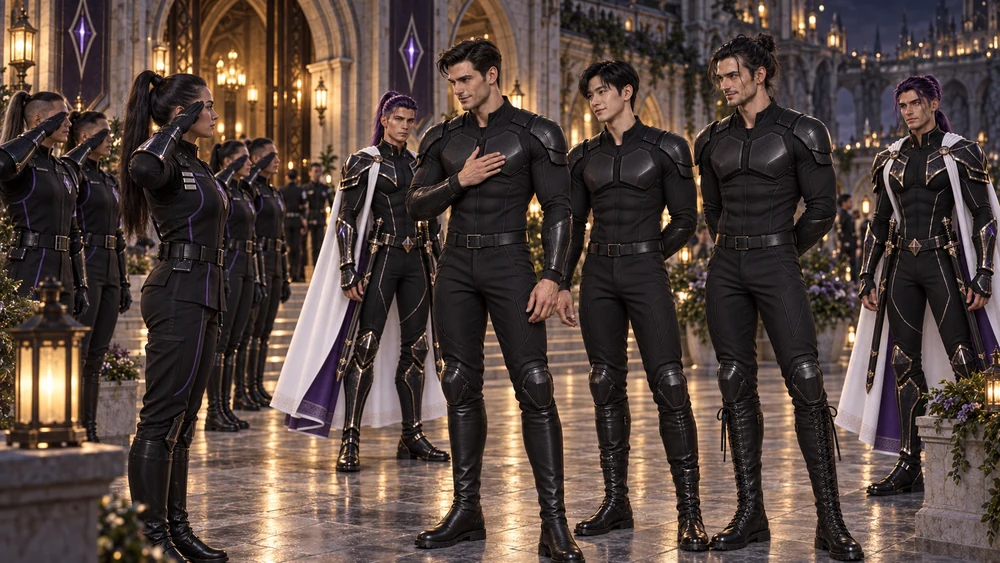 The Arcane Watch stands to attention as Sten receives their salute with quiet warmth. Han and Søren stand beside him, while Vaedryn and Vaereth keep watch.