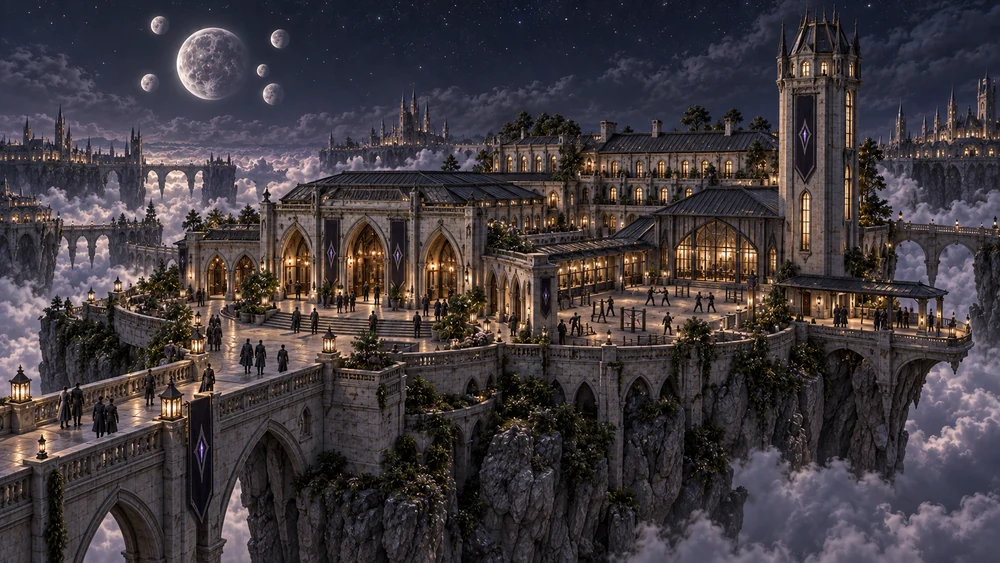 Above Selvaris’s silver cloud banks, the Arcane Watch’s regional station gathers its reception court, training grounds and residential wings around a sheltered civic approach.