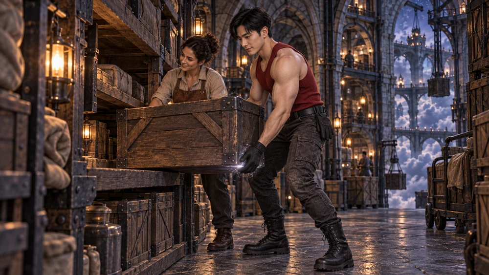 With a steady grip and a touch of silver, Han helps guide the crate into place.