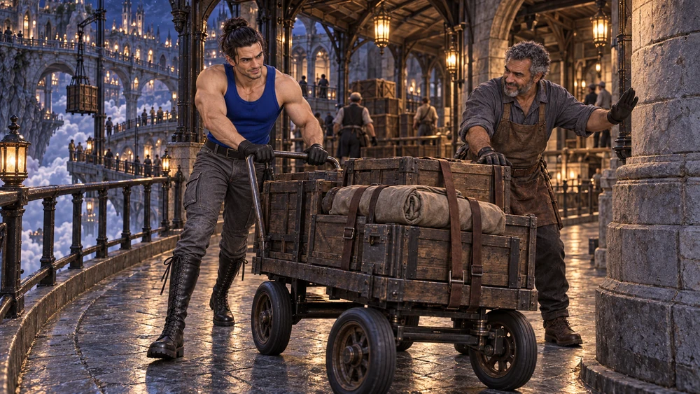 Søren follows the dockworker's cue, guiding the loaded cart around the bend with a determined grin.