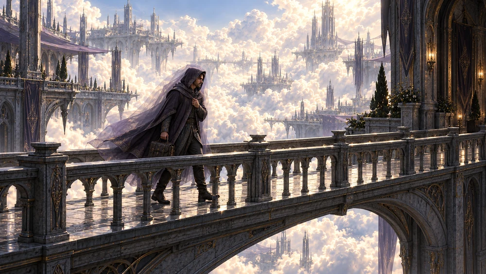 A hooded traveler carries a small bag across a suspended bridge, wrapped in a fine violet protective veil.