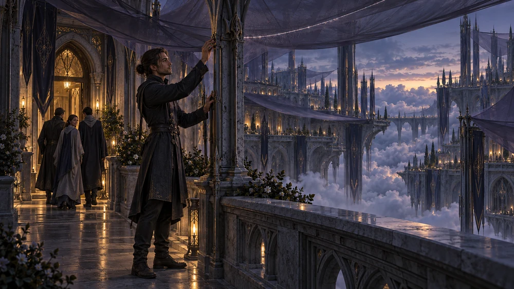 A specialist checks a veil beside a carved column while three residents enter a warmly lit doorway before sunrise.