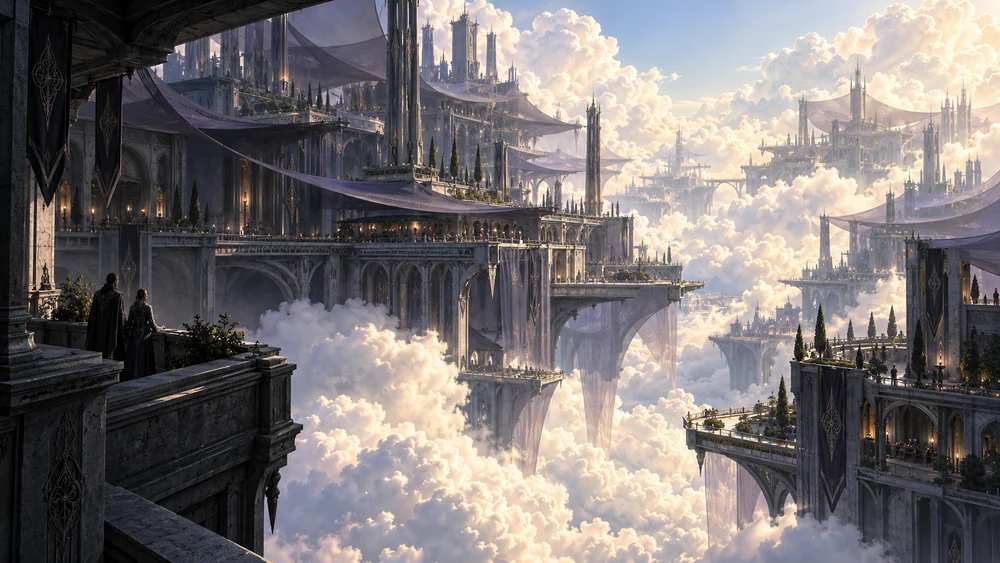 Sunlit cloud banks surround suspended graphite terraces sheltered by translucent violet-grey veils.