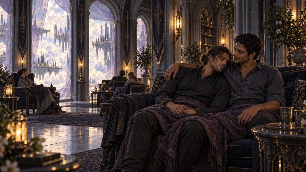 An adult man sleeps against his companion’s shoulder in a shaded sitting room overlooking luminous clouds.