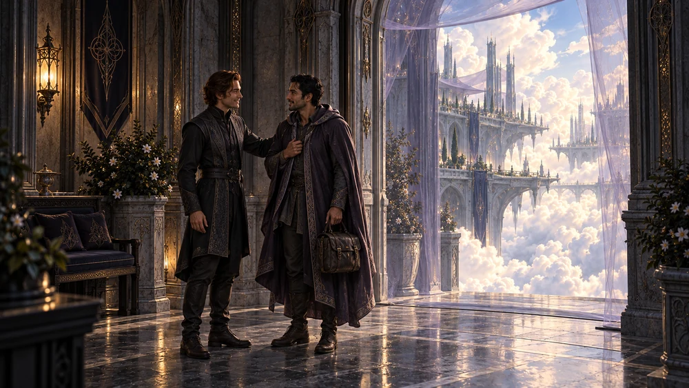 Two adult men greet each other in a shaded entrance hall beside a doorway overlooking brilliant clouds.