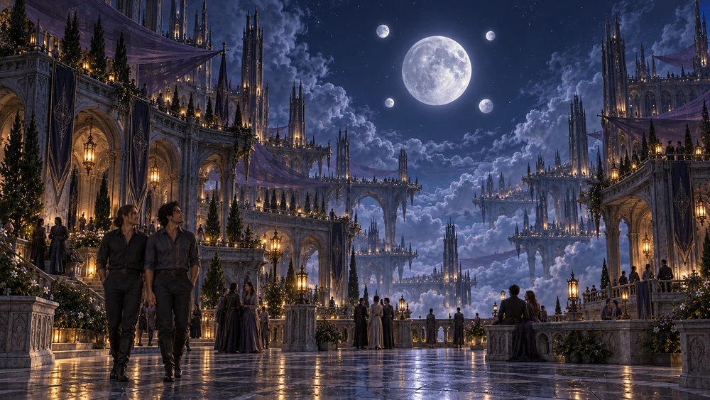 Residents walk through a warmly lit cloud-city plaza beneath exactly one large moon and four small satellites.