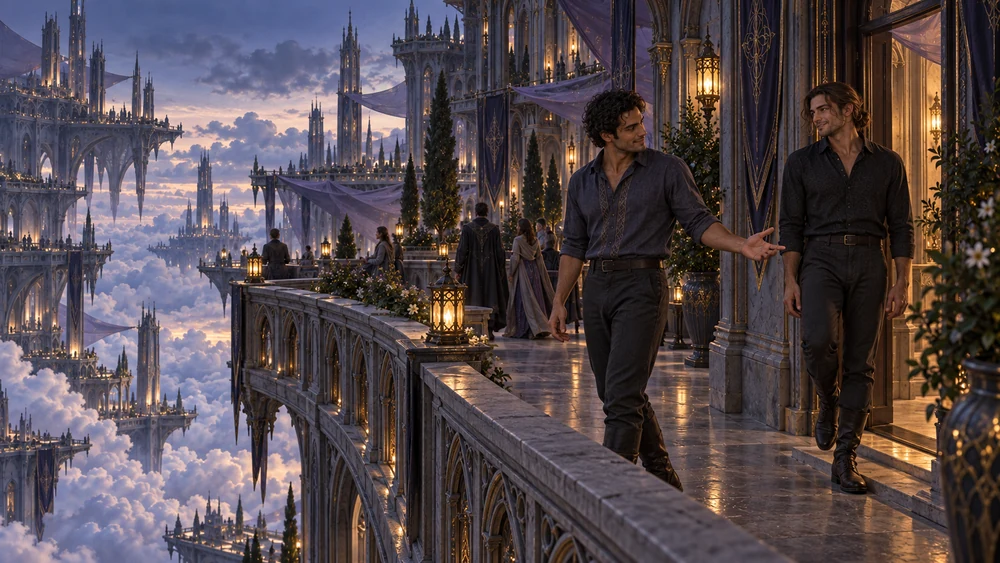 One man extends an inviting hand toward his companion at a doorway as residents return to a softly lit terrace.