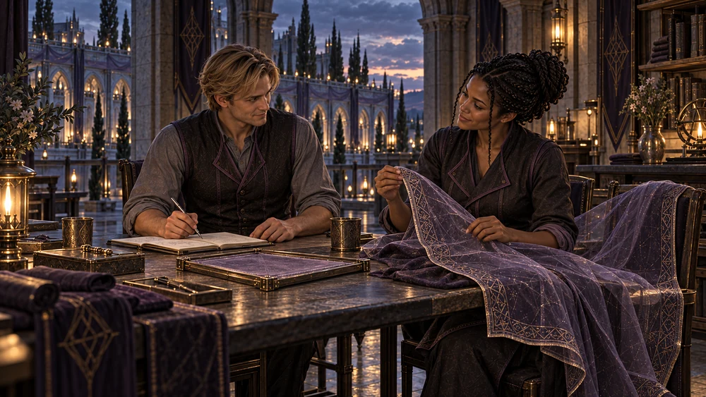 Two seated researchers examine a violet mantle and a framed veil beside an open notebook as the exterior light fades.