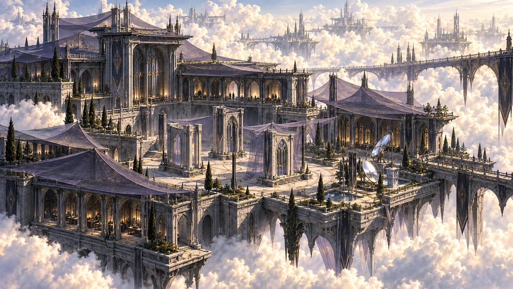 Stepped research pavilions surround façade prototypes, violet veils and angled reflectors above bright clouds.