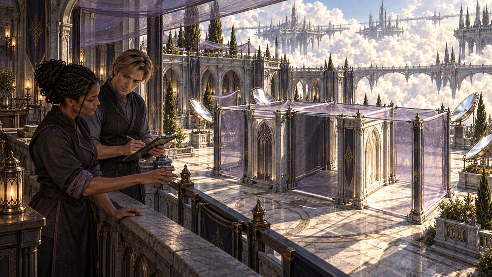 Two researchers record observations from a shaded gallery overlooking veiled test façades in intense solar light.
