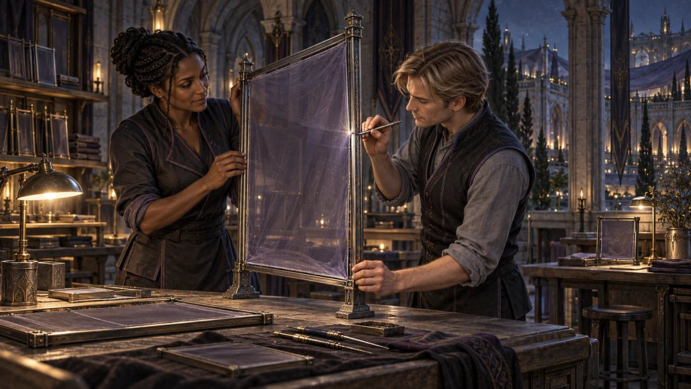 A braided-haired woman holds a fine veil frame while an ash-blond man adjusts its edge with a small tool.