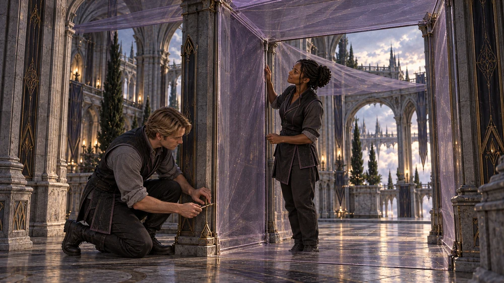 Two researchers inspect the lower and upper edges of violet veils joining architectural test bays before the solar hours.