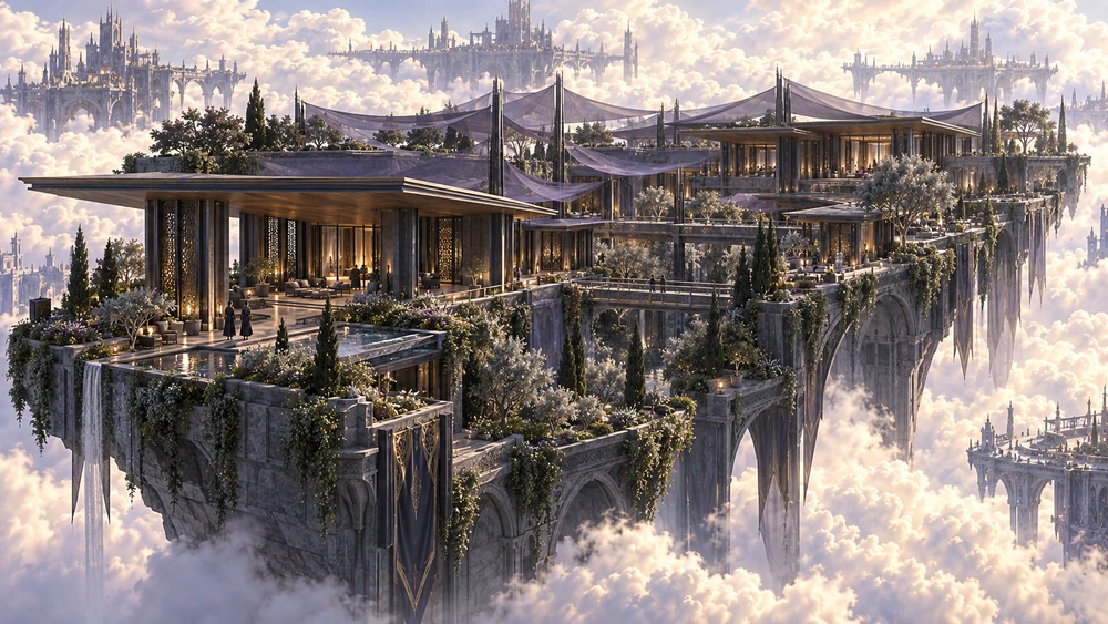 An elongated floating estate with sheltered pavilions, a sunken garden and violet veils stands amid bright clouds.