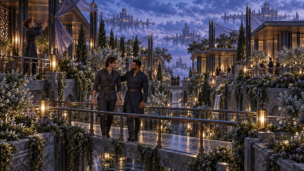 Two men walk together across a garden bridge while a veilkeeper draws back a curtain behind them.