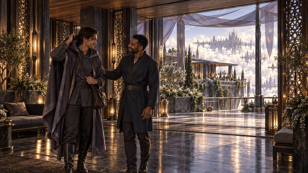 Two adult men meet in a shaded entrance hall, one still wearing his traveling mantle beside the bright garden opening.