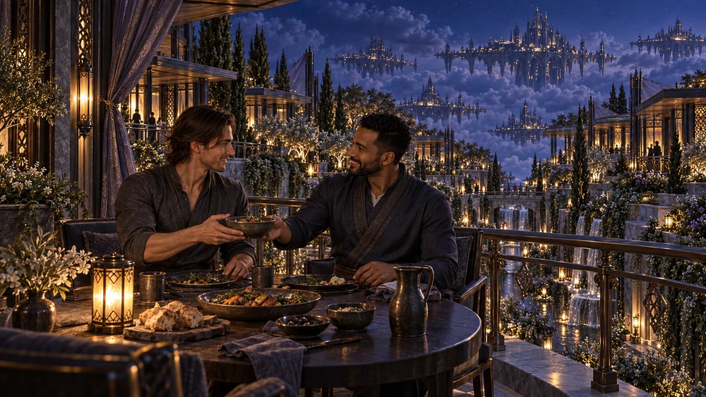 Two adult men raise their cups across a small outdoor dining table, with illuminated terraces behind them.