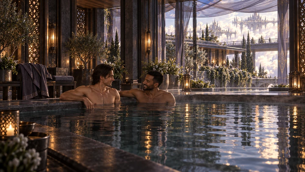 Two adult men rest in a shaded indoor pool beside veiled openings overlooking luminous clouds.