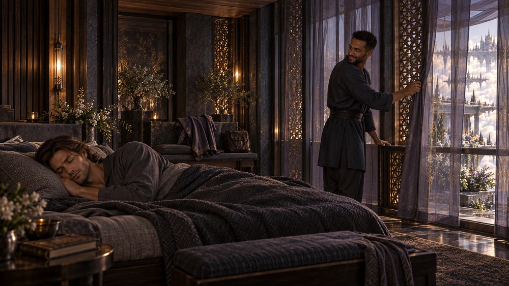 A chestnut-haired man sleeps beneath dark bedding while his companion stands beside a protective curtain.