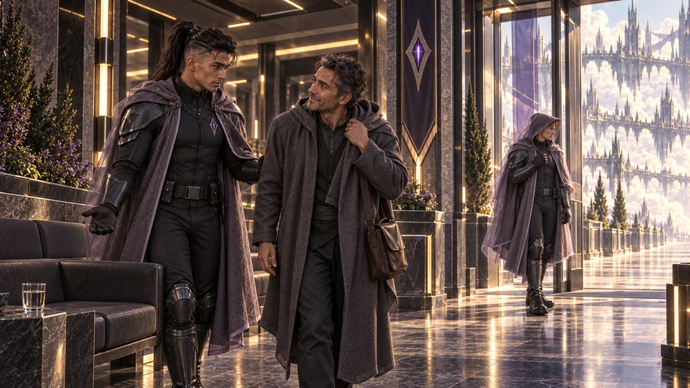 A uniformed officer assists a man carrying a satchel into a sheltered gallery, with another hooded officer at the bright doorway.
