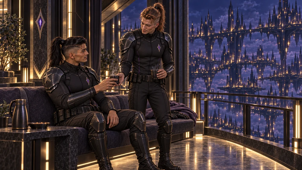 A standing auburn-haired officer offers a cup to his seated dark-haired colleague in a gallery overlooking the night city.