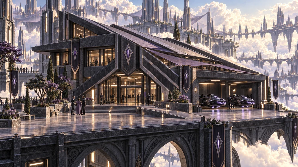 A compact graphite police station with an angular roof and violet Arcane Watch insignia stands above bright clouds.