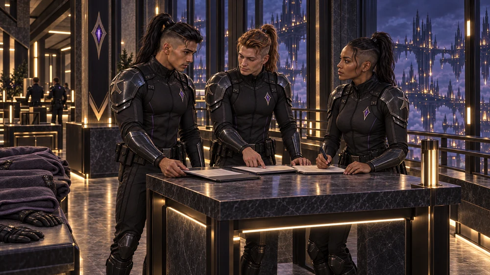 Three Arcane Watch officers review an open report at a table beside folded protective mantles.