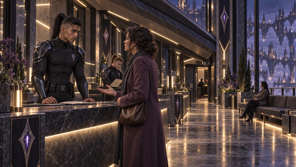An Arcane Watch officer listens to a visitor across a reception counter, with colleagues and seating farther inside.