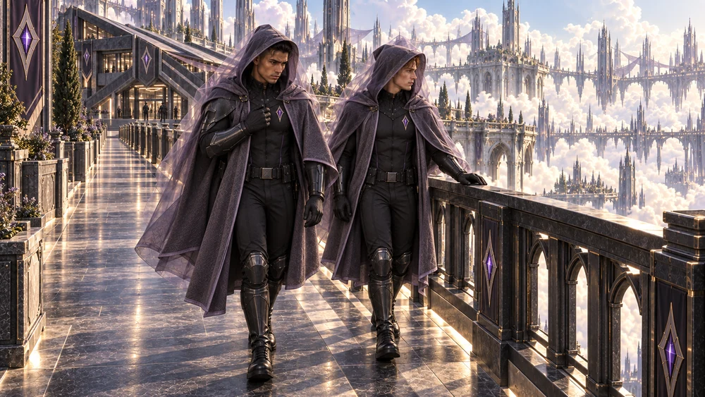 Two hooded Arcane Watch officers walk along a stone bridge above intensely sunlit clouds.