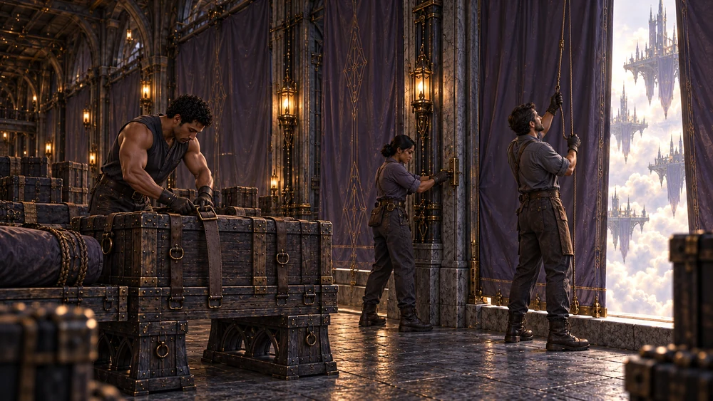 One worker tightens a strap over cargo cases while two colleagues operate and fasten tall violet protective curtains.