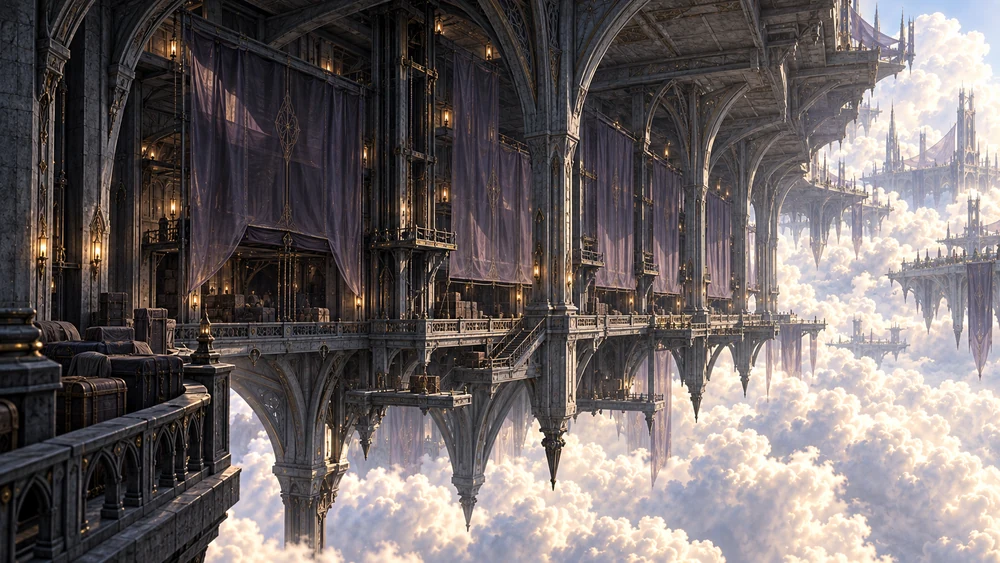 Graphite warehouse halls hang below a floating city, with tall violet veils and receiving balconies above brilliant clouds.