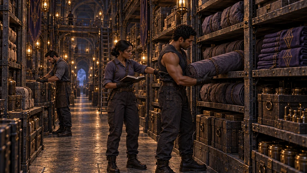 A worker draws a violet textile roll from a shelf while a colleague checks a ledger and another attends to a supply case.