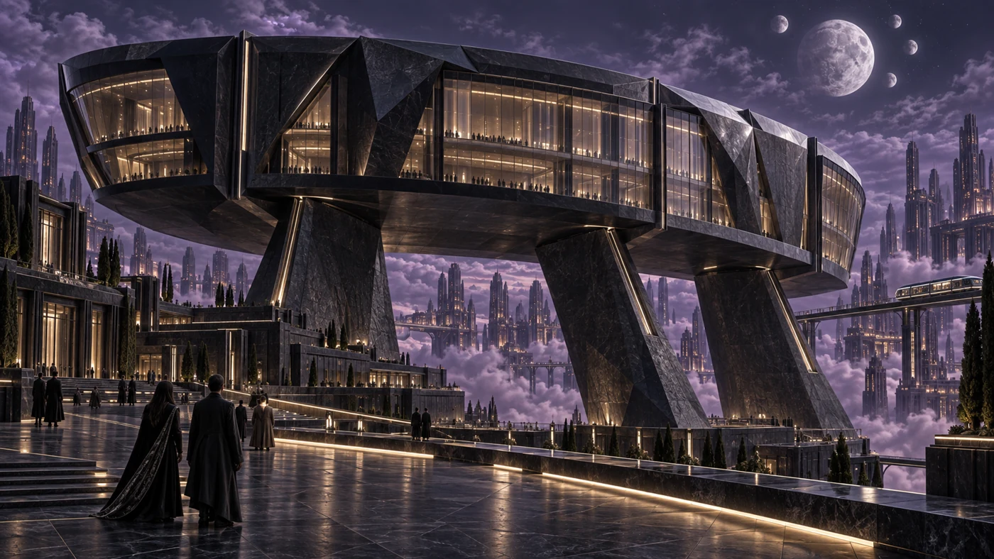 The elevated chamber of the Central Senate stands above an open civic terrace.