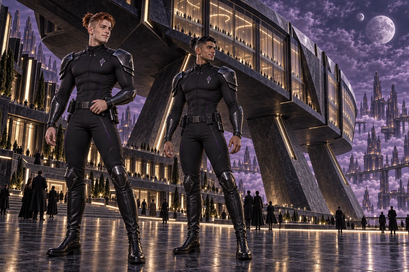 Two young Arcane Watch officers survey the plaza beneath the Concordium.