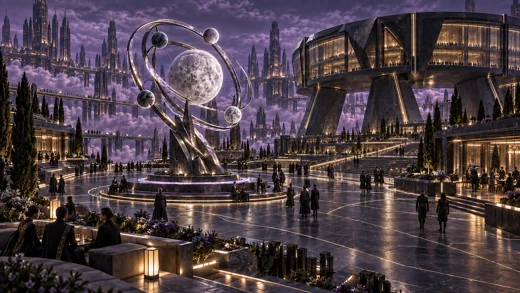 One large lunar sphere and four smaller companions mark the rhythm of Auralith.