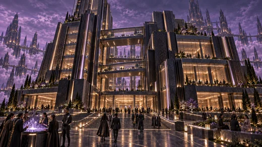 Stepped wings and elevated galleries open around the civic atrium.