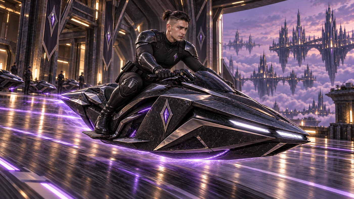 Focused on his mission, Kaelren guides his Veyrline towards the violet city.