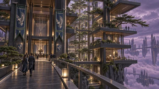 Open terraces and a tall living garden carry the house’s affinity with air into Auralith.